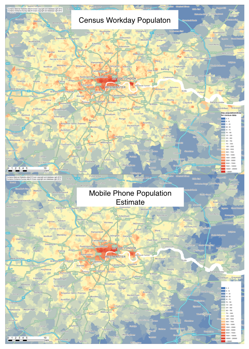 Comparing census daytime populations to aggregate mobile phone estimates